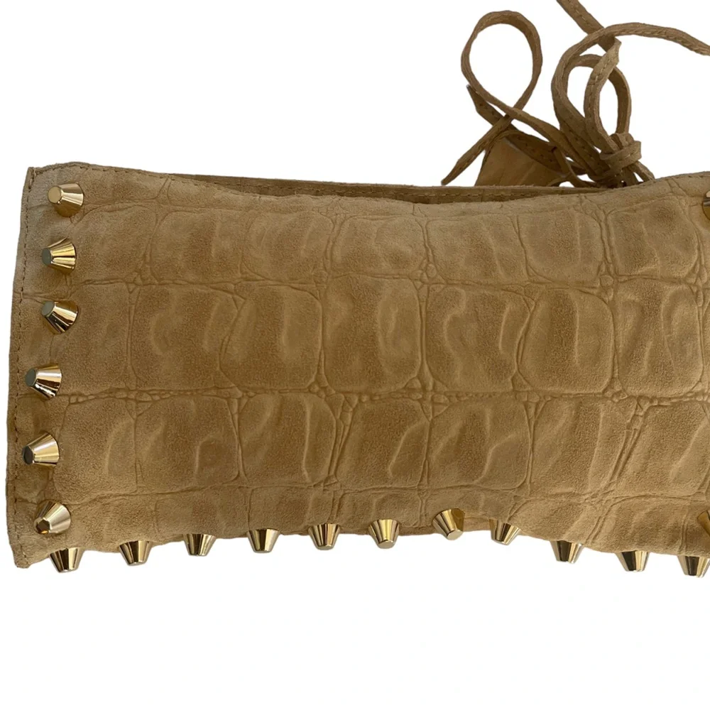 Linea Pelle Designer Clutch Tan Suede Leather Animal Print Gold Studs Lined